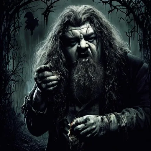 Prompt: Mad Hagrid eating children, digital art, chaotic composition, dark and eerie atmosphere, intense and disturbing, high contrast, horror, sinister lighting, monstrous proportions, detailed facial features, haunting shadows, high quality, digital art, horror, eerie, sinister, disturbing, monstrous, intense atmosphere, chaotic composition, detailed characters, dark tones, high contrast