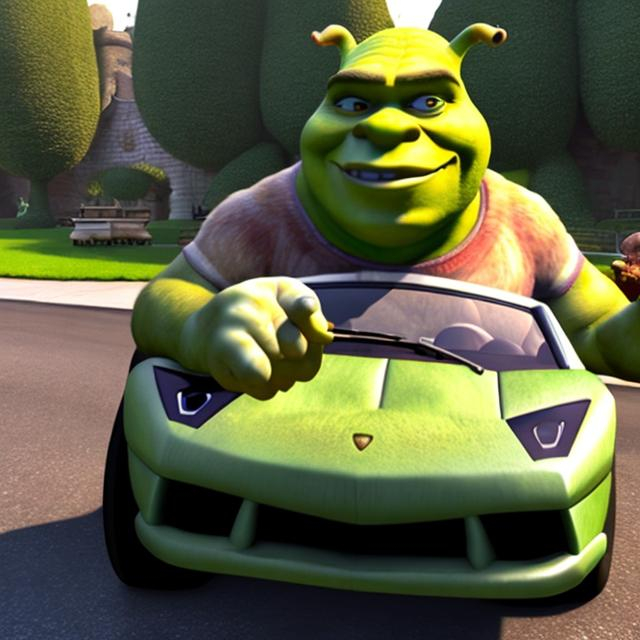 Prompt: Shrek driving a lamborghini