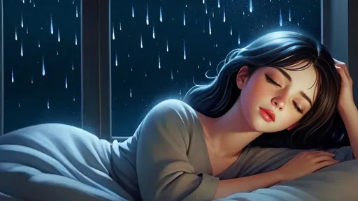 Prompt: This image shows a serene and peaceful scene. It's an illustration of a person sleeping soundly in bed, with a night of gentle rain visible through the window. The lighting suggests a calm and tranquil nighttime atmosphere, likely meant to invoke feelings of relaxation and restfulness. The artwork is quite beautiful and could very well be the visual representation for content related to sleep, meditation, or relaxation techniques.