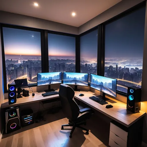 Prompt: A very cozy gaming room ( pc gaming 3 monitors  )with the whole city view ( night time )