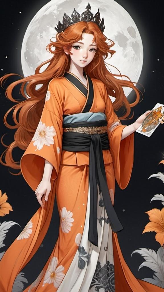 Prompt: tarot card Anime illustration, Full-body shot, 18 years old princess, (signing),  striking figure, long ginger hair, wavy hairs, fair skin, (((freckles))), innocent and regal appearance, expressive eyes filled with curiosity and determination, slender frame, elegant grace, ornate orange kimono with black and white borders, feather crown