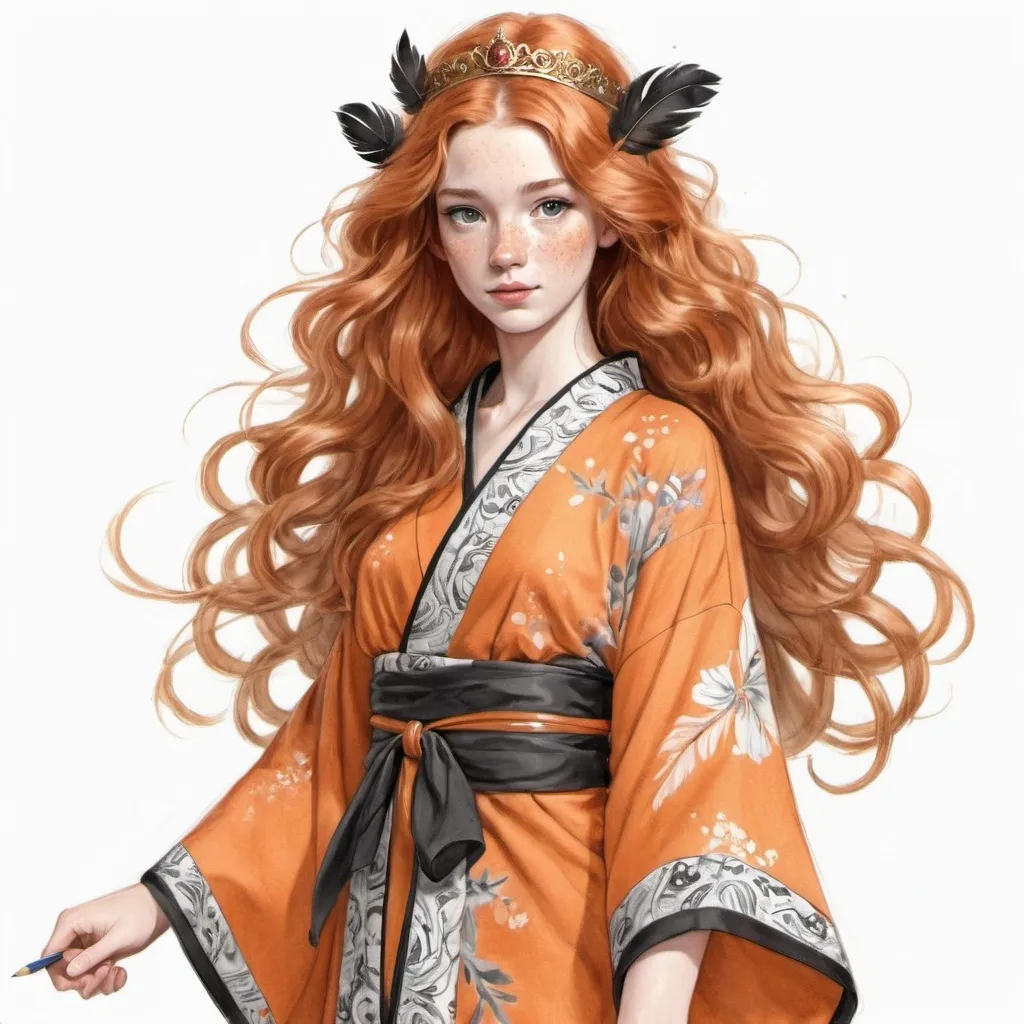 Prompt: Pencil sketch illustration, Full-body shot, 18 years old princess bard, (signing), striking figure, long ginger hair, wavy hairs, fair skin, (((freckles))), innocent and regal appearance, expressive eyes filled with curiosity and determination, slender frame, elegant grace, ornate orange kimono with black and white borders, feather crown