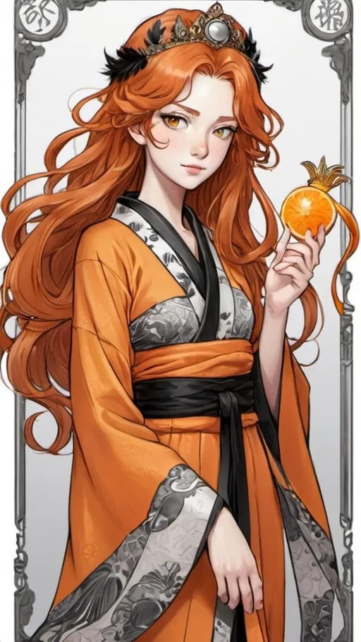 Prompt: tarot card Anime illustration, Full-body shot, 18 years old princess, striking figure, long ginger hair, wavy hairs, fair skin, (((freckles))), innocent and regal appearance, expressive eyes filled with curiosity and determination, slender frame, elegant grace, ornate orange kimono with black and white borders, feather crown