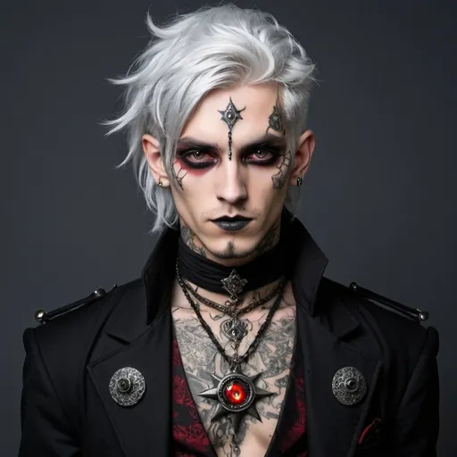 Prompt: 
 warlock of 20 years old, silver hair, one eye red and another gold, with a lot black goth tattos of a exocisim
