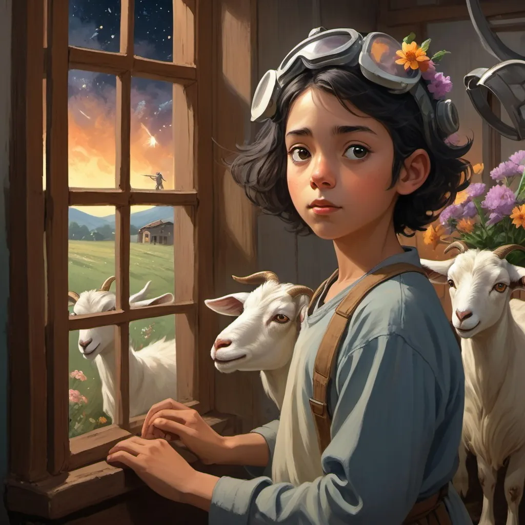 Prompt: Depict a village boy herding goats, raycasting, night, exquisite flowers in her hair and, inspired by Margit Anna and the movie "The Wind Rises", with a warm and magical atmosphere, wandering nomad, peaceful, digital painting, style of ron cobb, space battle, wearing gas masks the window