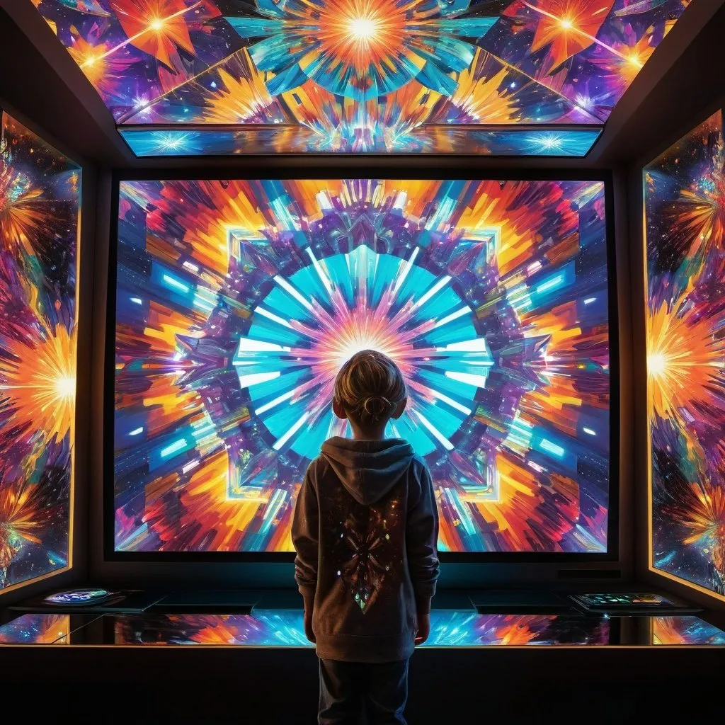 Prompt: Woman wearing Kaleidoscopic apparel, exploding colors, fragmented elegance, prismatic patterns and reflections, award winning scifi art front of a console empress, boy staring at