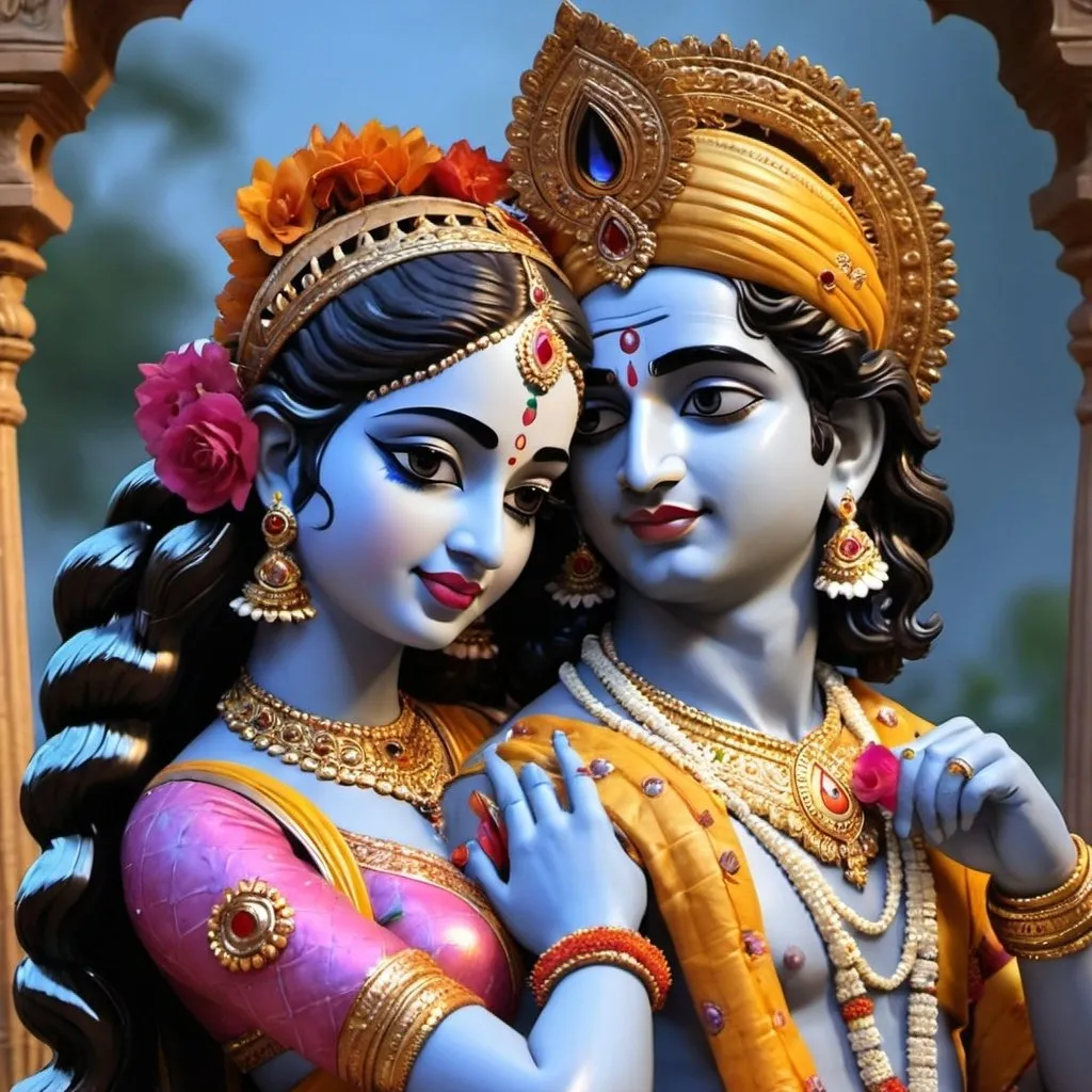 Prompt: Very beautiful 3d AI  image of gods Radha and krishna together