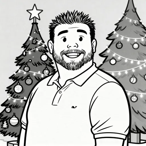 Prompt: Create a black-and-white cartoon-style coloring page. Show a cheerful man with short spiky hair, a full beard, and a big friendly smile. He should resemble the person in the provided reference photo without identifying him. He stands beside a decorated Christmas tree with ornaments, lights, and a star on top. Use clean thick outlines, no shading, no gray tones, and no color. Make it suitable for a children’s coloring book.”