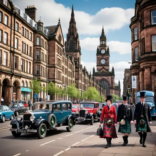 Prompt: A vibrant scene in Glasgow, Scotland, blending the city's historic charm with modern-day elements. In the foreground, Scottish men and women are seen strolling through the streets, dressed in traditional tartan kilts and elegant Victorian dresses for women. The city streets are lined with iconic Victorian-era buildings alongside modern architecture, reflecting Glasgow's evolution over time. Classic vintage cars, including luxurious old-fashioned automobiles from the early 20th century, are parked beside modern vehicles. Scottish citizens are walking around, some dressed in historical attire and others in contemporary clothing, creating a beautiful contrast between eras. The background includes landmarks like the Glasgow Cathedral and the River Clyde, symbolizing the city's rich history and its vibrant present. The image captures a harmonious blend of past and present, with a lively street scene full of cultural and architectural significance.

