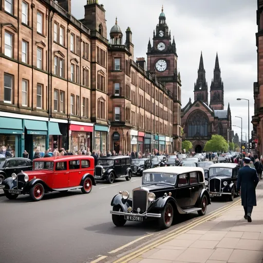 Prompt: A vibrant scene in Glasgow, Scotland, blending the city's historic charm with modern-day elements. In the foreground, Scottish men and women are seen strolling through the streets, dressed in traditional tartan kilts and elegant Victorian dresses for women. The city streets are lined with iconic Victorian-era buildings alongside modern architecture, reflecting Glasgow's evolution over time. Classic vintage cars, including luxurious old-fashioned automobiles from the early 20th century, are parked beside modern vehicles. Scottish citizens are walking around, some dressed in historical attire and others in contemporary clothing, creating a beautiful contrast between eras. The background includes landmarks like the Glasgow Cathedral and the River Clyde, symbolizing the city's rich history and its vibrant present. The image captures a harmonious blend of past and present, with a lively street scene full of cultural and architectural significance.

