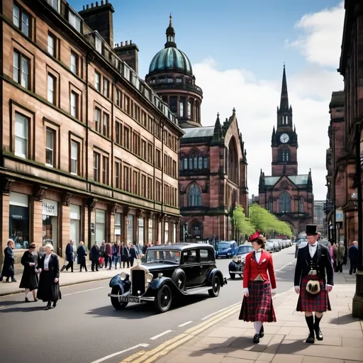 Prompt: A vibrant scene in Glasgow, Scotland, blending the city's historic charm with modern-day elements. In the foreground, Scottish men and women are seen strolling through the streets, dressed in traditional tartan kilts and elegant Victorian dresses for women. The city streets are lined with iconic Victorian-era buildings alongside modern architecture, reflecting Glasgow's evolution over time. Classic vintage cars, including luxurious old-fashioned automobiles from the early 20th century, are parked beside modern vehicles. Scottish citizens are walking around, some dressed in historical attire and others in contemporary clothing, creating a beautiful contrast between eras. The background includes landmarks like the Glasgow Cathedral and the River Clyde, symbolizing the city's rich history and its vibrant present. The image captures a harmonious blend of past and present, with a lively street scene full of cultural and architectural significance.

