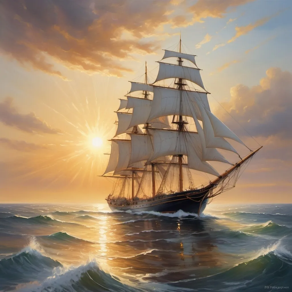 Prompt: A majestic three-masted sailing ship chased the sun across the open ocean. Each beam of light breaks through the clouds, illuminating the path ahead and guiding the sailboat's journey. The scene captures the dynamic motion of the sailboat, its sails billowing in the wind, reflecting the golden tones of the sun. The ocean glistened in the sunlight, forming a path of light to the horizon. The overall style is impressionistic in oil painting style, with an emphasis on the play of light and color, evoking a sense of hope, adventure and determination 8K


