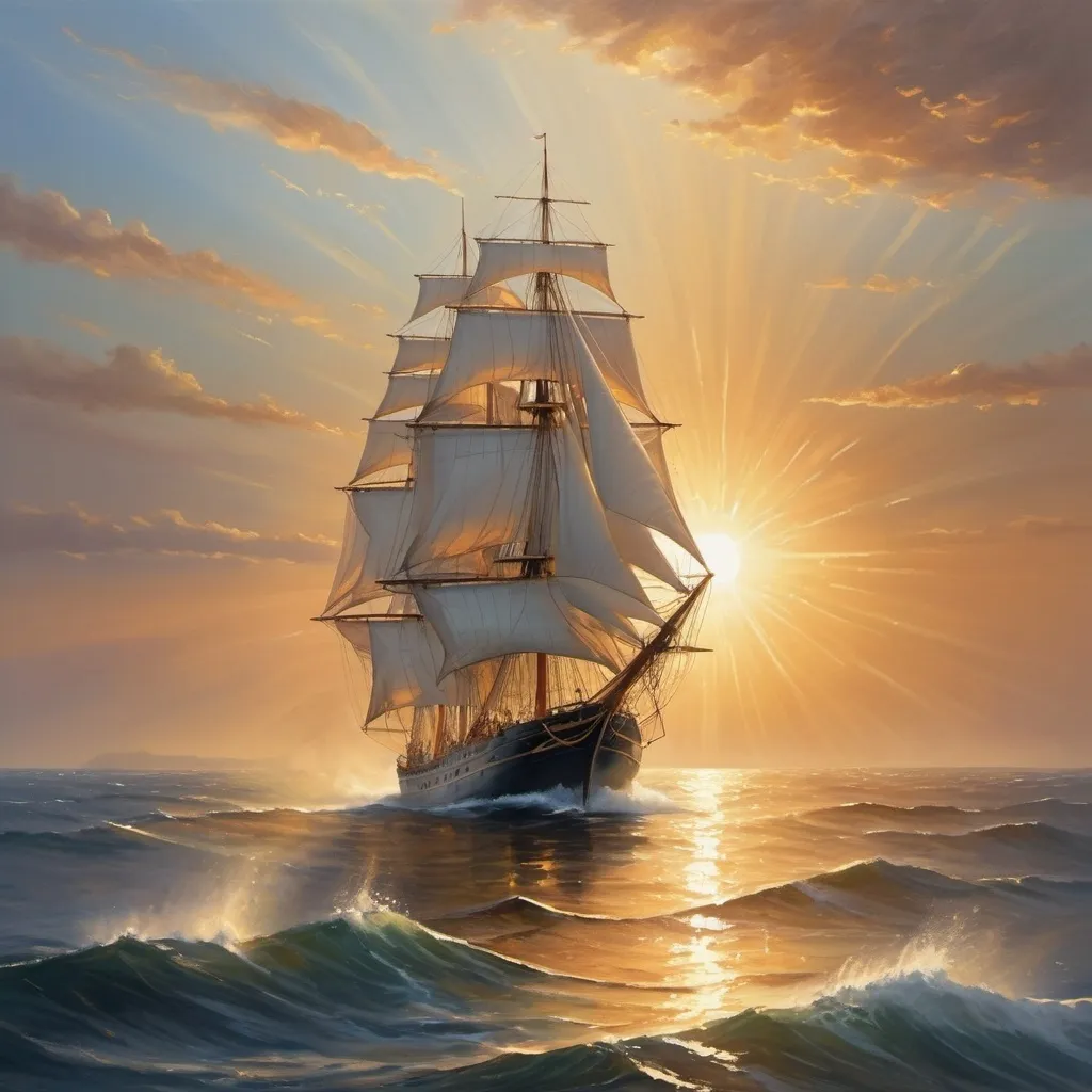 Prompt: A majestic three-masted sailing ship chased the sun across the open ocean. Each beam of light breaks through the clouds, illuminating the path ahead and guiding the sailboat's journey. The scene captures the dynamic motion of the sailboat, its sails billowing in the wind, reflecting the golden tones of the sun. The ocean glistened in the sunlight, forming a path of light to the horizon. The overall style is impressionistic in oil painting style, with an emphasis on the play of light and color, evoking a sense of hope, adventure and determination 8K


