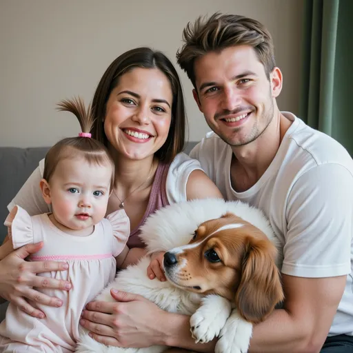 Prompt: Family, baby, woman, girl, man, and dog.