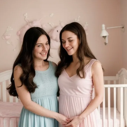 Prompt: In a cozy nursery adorned with soft pink walls, two young women, exuding warmth and joy, embrace a sweet, skinny baby girl nestled between them wearing a pastel pink dress. The women, both dressed in light blue dresses, showcase long, flowing hair that cascades in gentle waves, their bright smiles reflecting happiness as they pose together. The room features a charming crib in the background alongside a white dresser, complemented by delicate bunny illustrations framed on the wall, creating a serene and loving environment. Soft, gentle lighting from a nearby lamp enhances the scene, casting a warm glow that underscores the tender familial bond depicted, evoking feelings of affection and contentment.