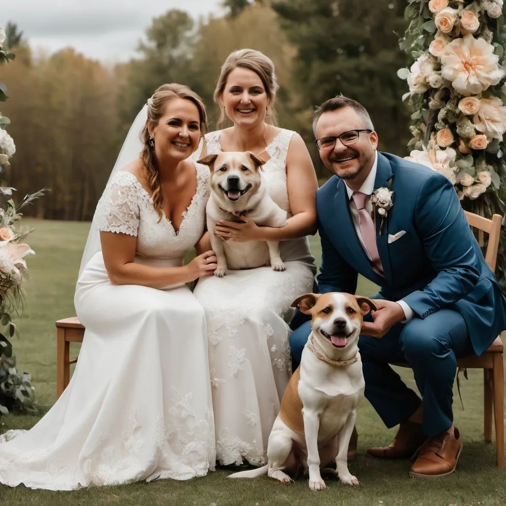 Prompt: A family with a dog, in a wedding.