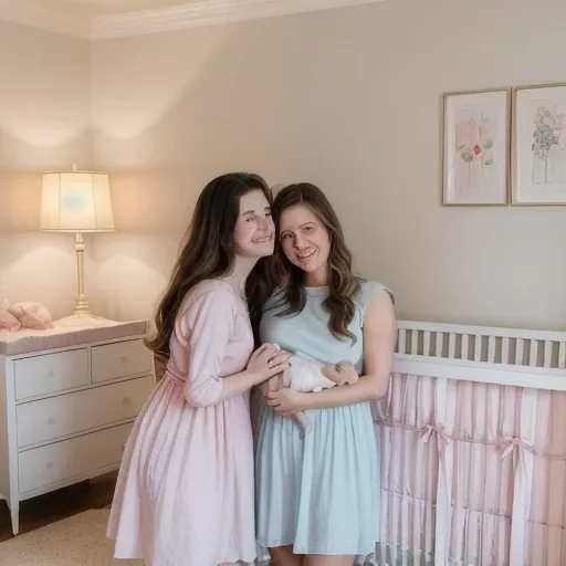 Prompt: In a cozy nursery adorned with soft pink walls, two young women, exuding warmth and joy, embrace a sweet, skinny baby girl nestled between them wearing a pastel pink dress. The women, both dressed in light blue dresses, showcase long, flowing hair that cascades in gentle waves, their bright smiles reflecting happiness as they pose together. The room features a charming crib in the background alongside a white dresser, complemented by delicate bunny illustrations framed on the wall, creating a serene and loving environment. Soft, gentle lighting from a nearby lamp enhances the scene, casting a warm glow that underscores the tender familial bond depicted, evoking feelings of affection and contentment.