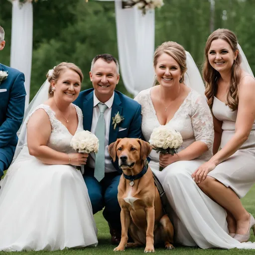 Prompt: A family with a dog, in a wedding.