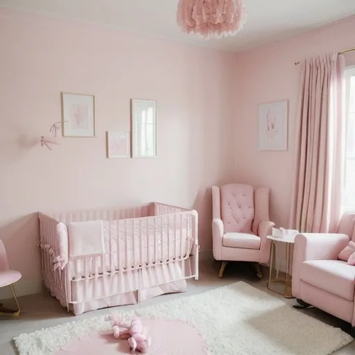 Prompt: In a cozy nursery adorned with soft pink walls, a baby girl, wearing a soft pastel pink dress