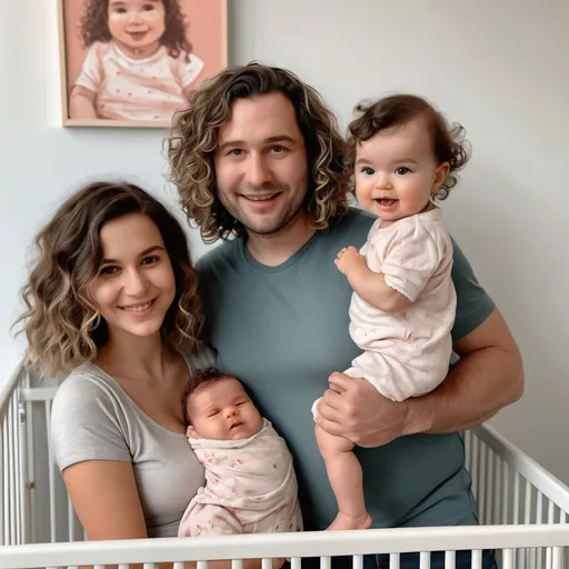 Prompt: A girl with medium, cute wavy hair poses cutely, blushing, with a baby and her husband in a nursery.