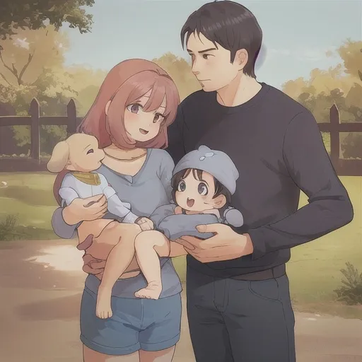 Prompt: Family, baby, woman, girl, man, and dog.
