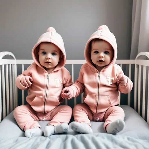 Prompt: twins, matching hoodies, in a nursery holding a baby girl