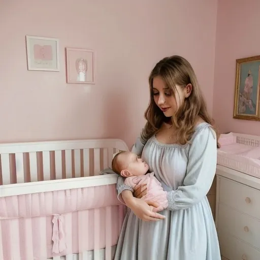 Prompt: In a cozy nursery adorned with soft pink walls, a baby girl, wearing a soft pastel blue dress, with a cocker spaniel next to her. 