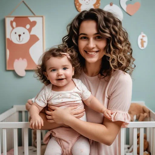 Prompt: A girl with medium, cute wavy hair poses cutely, blushing, with a baby and her husband in a nursery.