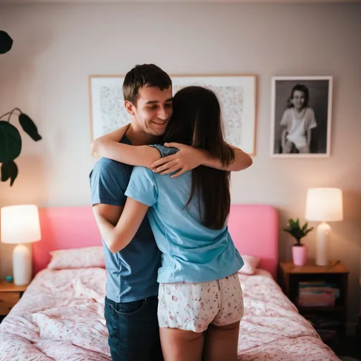 Prompt: A girl in her bedroom, with her boyfriend hugging her from behind