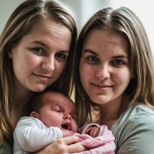 Prompt: Two young adults woman, holding a baby girl nestled in between them.