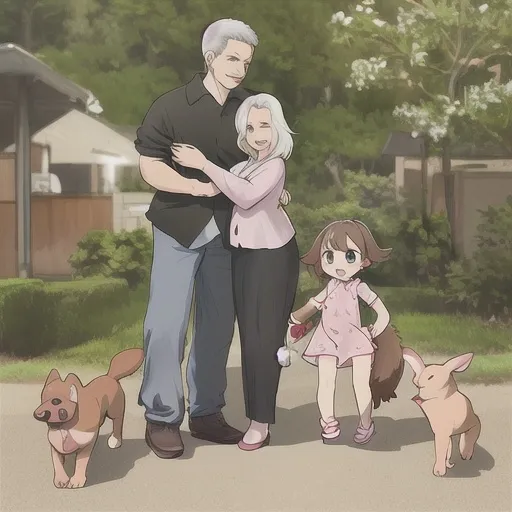 Prompt: Family, baby, woman, girl, man, and dog.