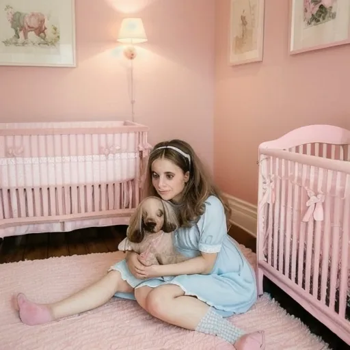 Prompt: In a cozy nursery adorned with soft pink walls, a baby girl, wearing a soft pastel blue dress, with a cocker spaniel next to her. 