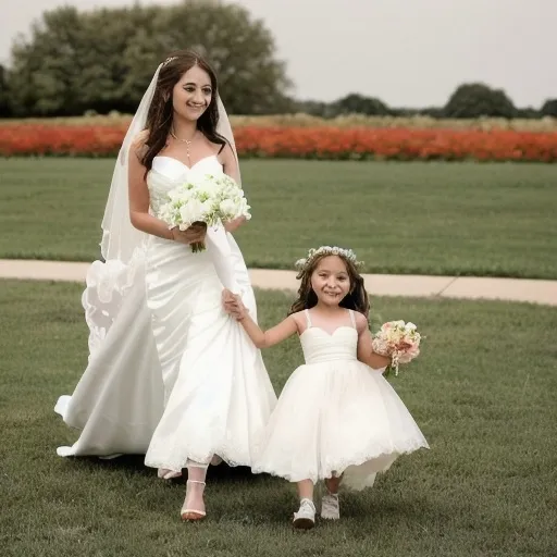 Prompt: A bride standing next to the flower girl, in a cute manner, while the wind blows gently.