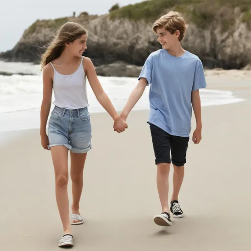 Prompt: A boy (19), and a girl (18), walking, and holding hands on a beach
