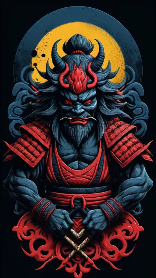 Prompt: (mythical shadow demon  samurai design), intricate symmetry, striking and immersive details, high definition, t-shirt design, (fantasy creature silhouette), deep contrasting colors red and black and yellow blue, dark and moody atmosphere, textured elements, bold dramatic lines, emphasizing its otherworldly nature, visually captivating, perfect for merchandise, alluring and mysterious vibes.