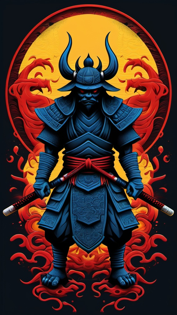 Prompt: (mythical shadow demon  samurai design), intricate symmetry, striking and immersive details, high definition, t-shirt design, (fantasy creature silhouette), deep contrasting colors red and black and yellow blue, dark and moody atmosphere, textured elements, bold dramatic lines, emphasizing its otherworldly nature, visually captivating, perfect for merchandise, alluring and mysterious vibes.