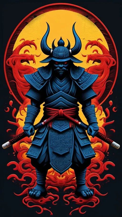 Prompt: (mythical shadow demon  samurai design), intricate symmetry, striking and immersive details, high definition, t-shirt design, (fantasy creature silhouette), deep contrasting colors red and black and yellow blue, dark and moody atmosphere, textured elements, bold dramatic lines, emphasizing its otherworldly nature, visually captivating, perfect for merchandise, alluring and mysterious vibes.