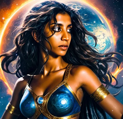 Prompt: A breathtaking cosmic scene featuring Kalki, an athletic brown-skinned woman standing 5.8 ft tall, with flowing garments, brown and black wavy hair, wearing a cape and mask, radiating an aura of celestial power. She stands at the forefront of a galactic battlefield, rescuing Earth from the massive gravitational pull of a colossal black hole. The black hole looms ominously in the background, distorting space and time with swirling dark energy. Kalki’s hands are outstretched, surrounded by luminous cosmic energy as she uses her mastery of Chrono-Realms Nexus to stabilize Earth’s orbit. Earth hovers precariously close to the black hole’s event horizon, with cracks forming in its surface, oceans in turmoil, and tidal forces pulling at the atmosphere. Celestial beings, radiant with light, assist Kalki, creating a shimmering protective barrier around the planet. Above, stars twinkle in the void of space, while streaks of light from temporal distortions warp the scene, symbolizing the manipulation of time and space. The image conveys both the immense danger of the cosmic crisis and Kalki’s extraordinary strength and determination to restore harmony and balance.”