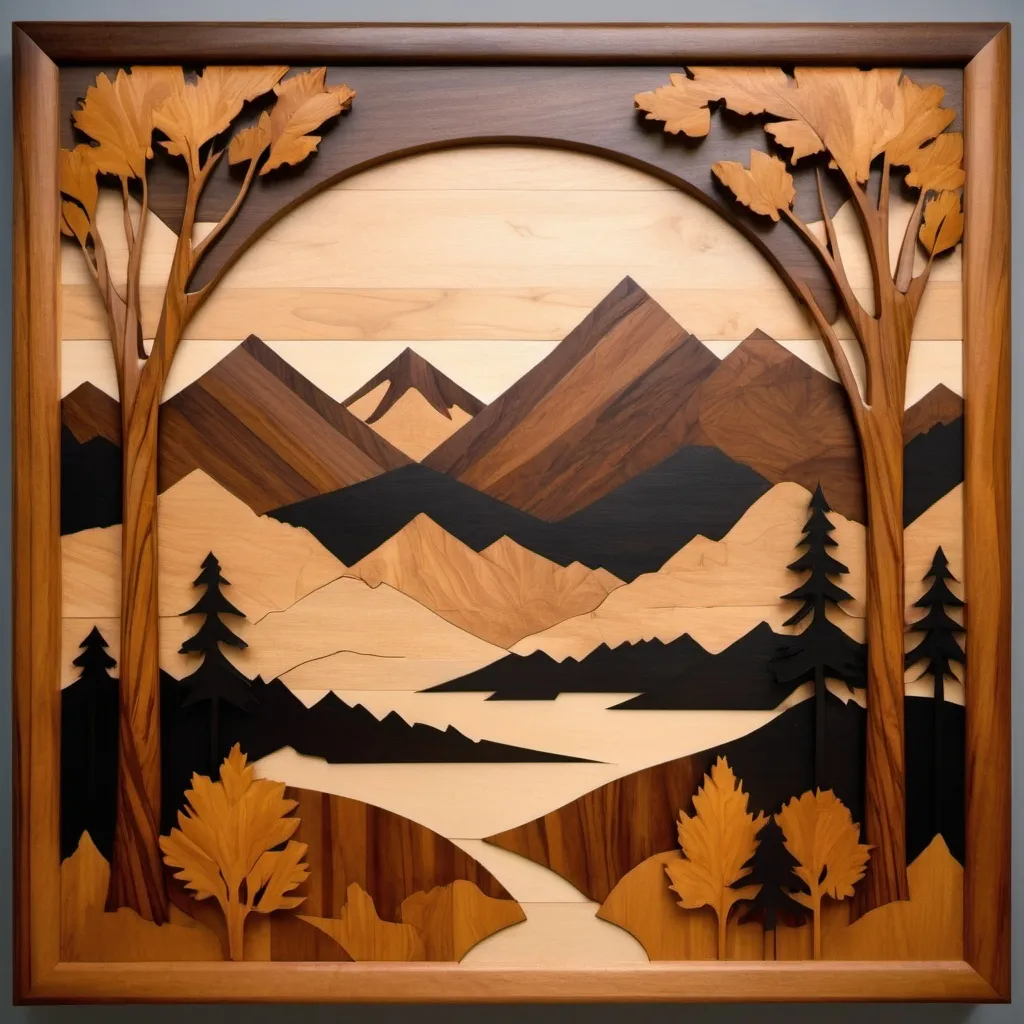 Prompt: a wood marquetry with cherry, black walnut, maple and oak. The wood marquetry should be of a southern alpes landscape.
