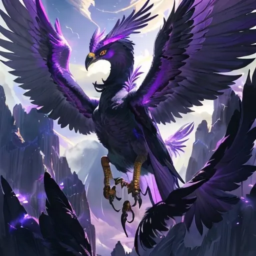 Prompt: Imposing phoenix with open wings, dominant purple tones, large wingspan, detailed feathers with reflections, intense gaze, mythical creature, majestic atmosphere, high quality, purple tones, gray, blue, black, detailed feathers, intense gaze, mythical, majestic, atmospheric lighting, right side head