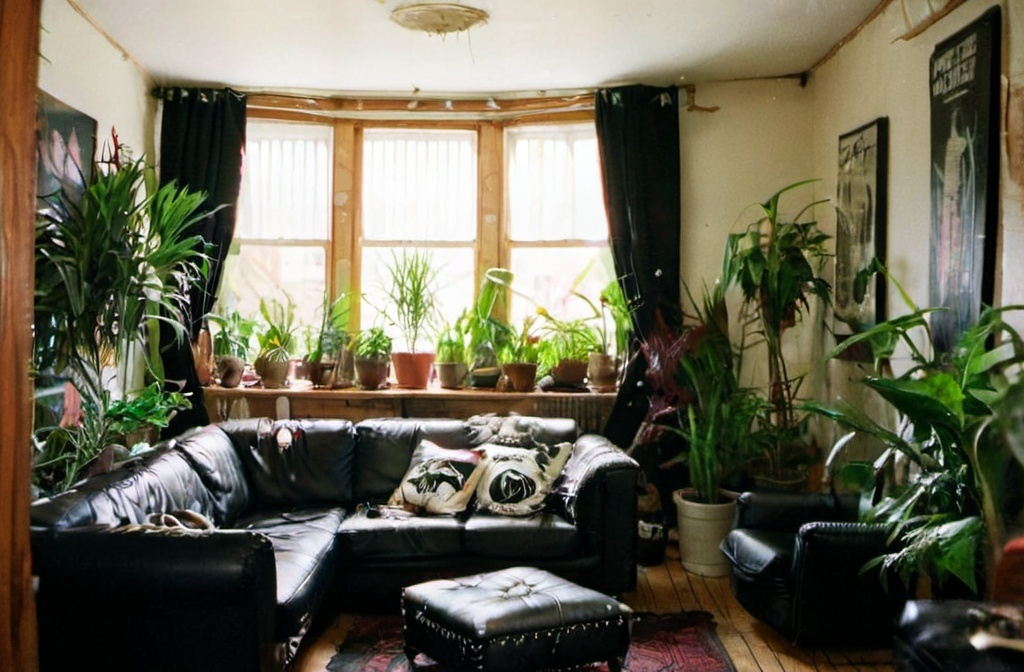 Prompt: keep the room as it is, give it lots of cozy decorations and make the walls look as if there were a lot of emo and punk band posters. put many plants in it and give it a black leather sofa. give it white walls and a dark wooden floor