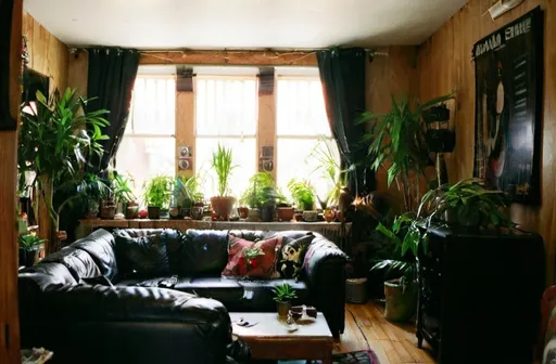 Prompt: keep the room as it is, give it lots of cozy decorations and make the walls look as if there were a lot of emo and punk band posters. put many plants in it and give it a black leather sofa