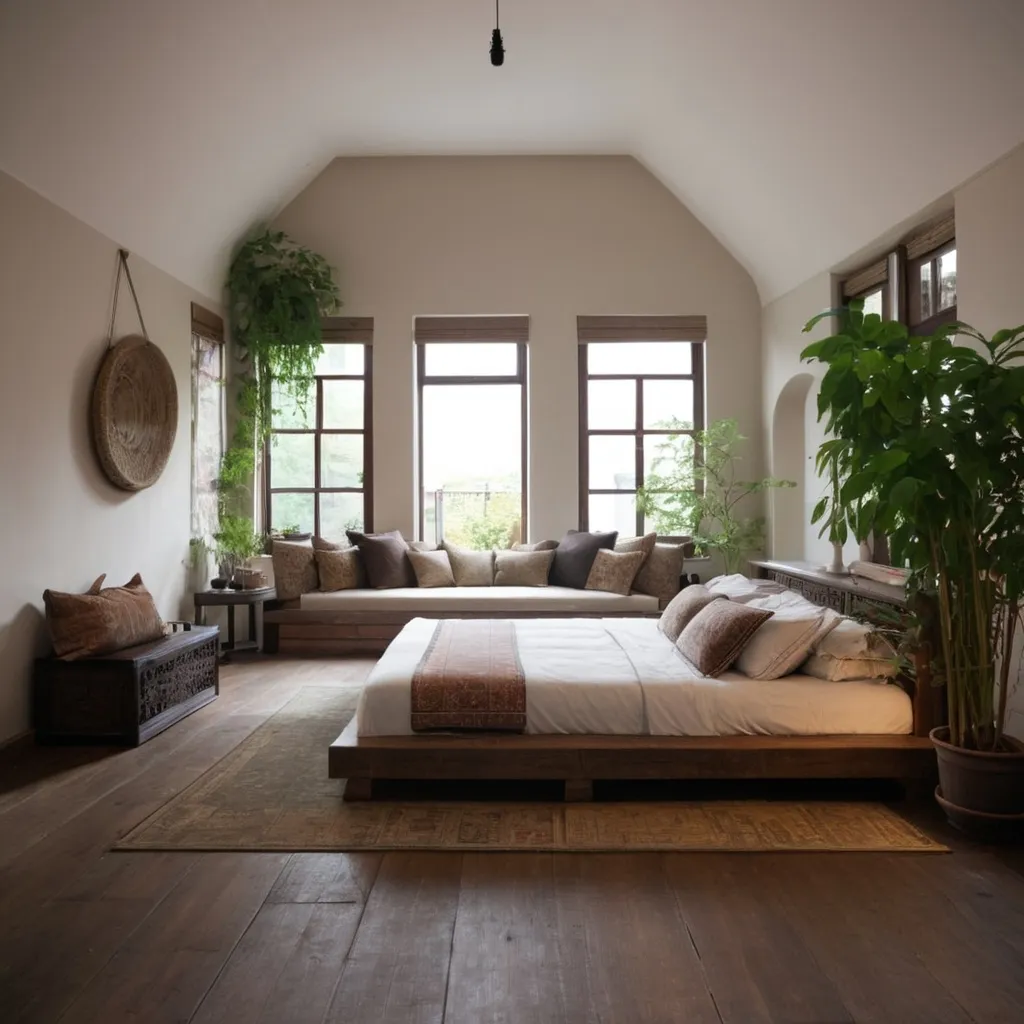 Prompt: replace the bed with a sofa and make the room look a bit more oriental
