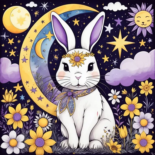Prompt: Sun, moon, stars, clouds, flowers, celestial , blue, purple, yellow, white, Bohemian art style,  bunny, 