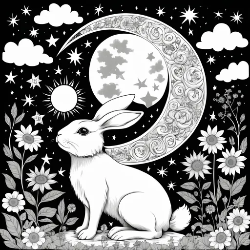 Prompt: Celestial Bohemian art, bunny, sun, moon, stars, clouds, flowers, colorless, 