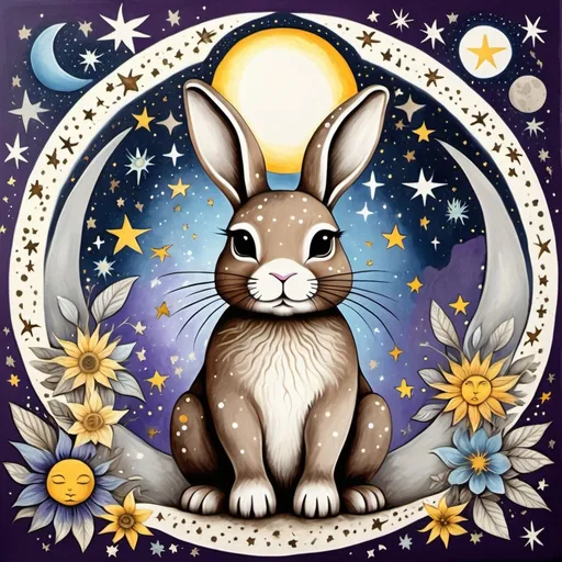 Prompt: Celestial Bohemian art brown  grey bunny, sun,moon, stars, blue purple yellow white