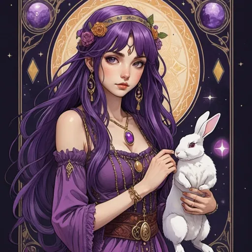 Prompt: tarot card Anime illustration, gypsy girl, purple long hair, bunny