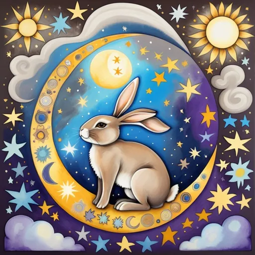 Prompt: Celestial Bohemian art brown  grey bunny, sun,moon, stars, blue purple yellow white