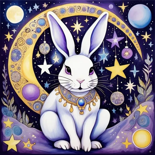 Prompt: Celestial Bohemian art bunny, moon, stars, blue purple yellow white