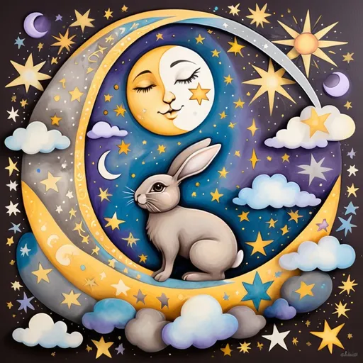 Prompt: Celestial Bohemian art brown  grey bunny, sun,moon, stars, clouds, blue purple yellow white color scheme 